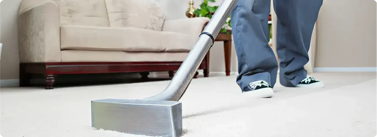 Carpet cleaning technician using a hot-water extraction wand on a light-colored carpet in a living room, Boise, ID.